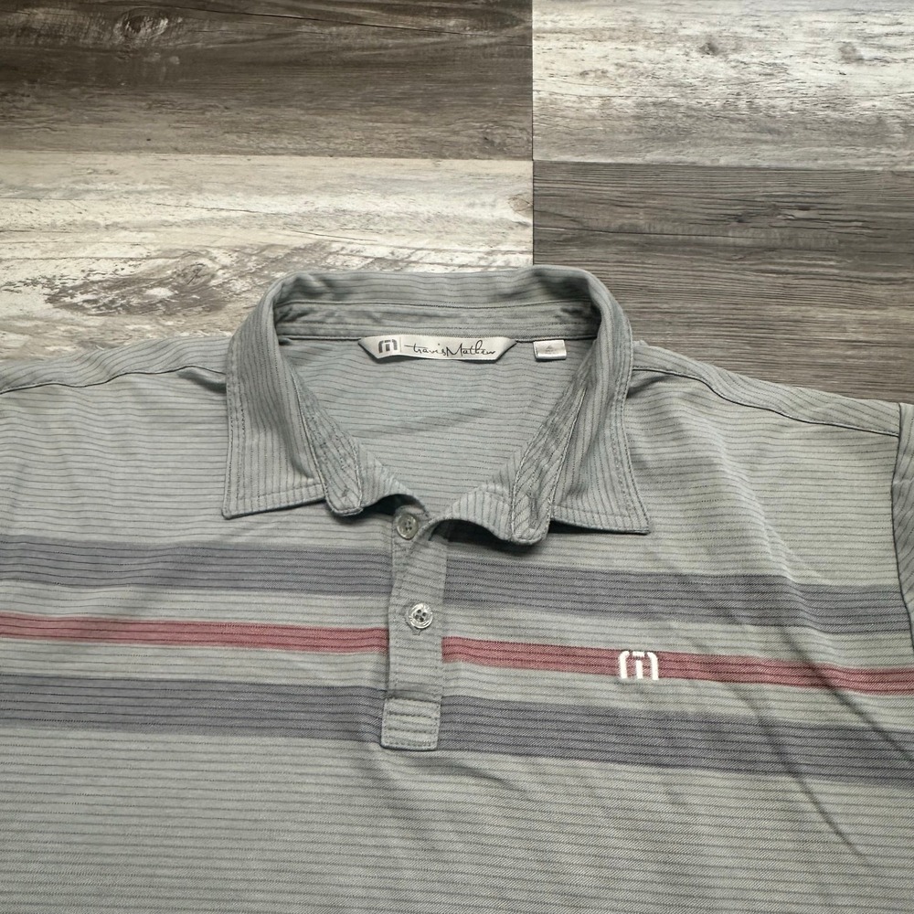 Travis Mathew Gray Mens XL Brand Spellout Stripe‎ Streetwear Polo Shirt